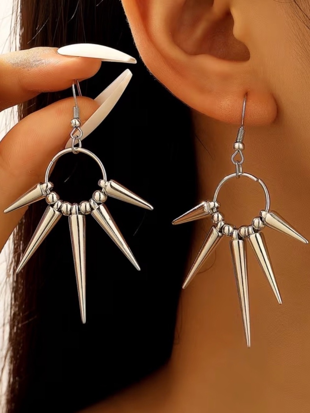 Large Silver Spike Hoop Earrings Statement Punk Rock Gothic Jewelry